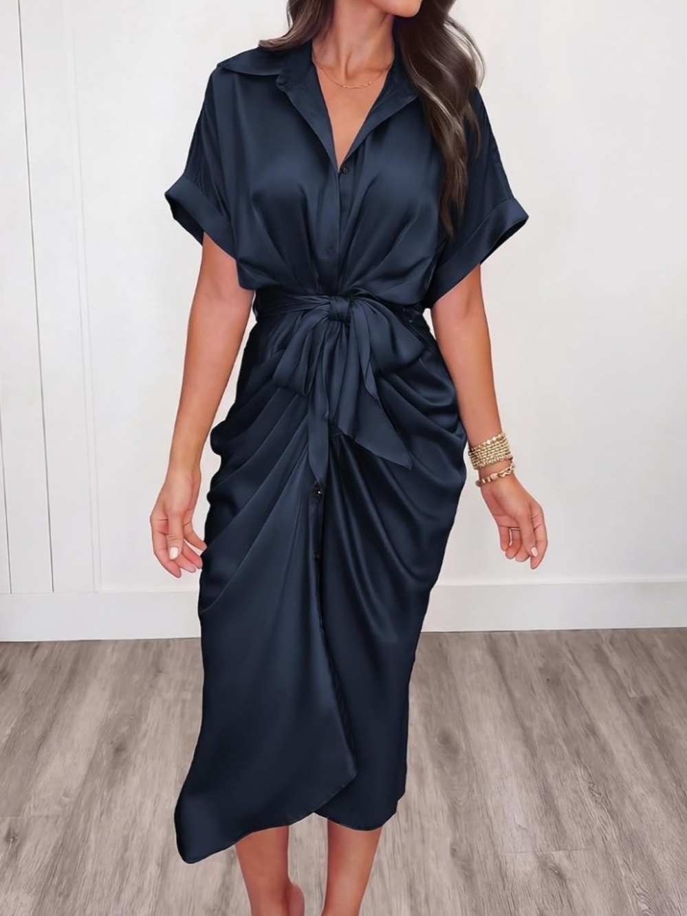 Satin Tie-Waist Midi Dress in Dark Navy